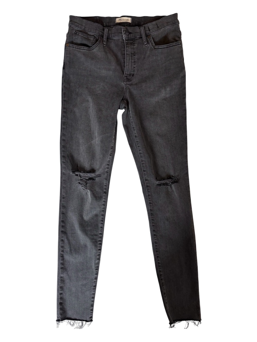 Madewell Charcoal Distressed Skinny Jeans 30T, 9 inch mid-rise.